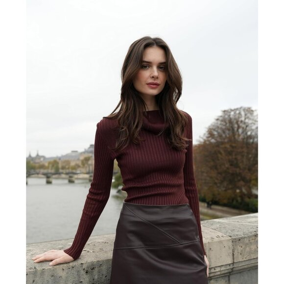 Women’s Coffee Stretchable Cowl Neck Knit Long Sleeve Bodycon Sexy Sweater - Picture 4 of 4